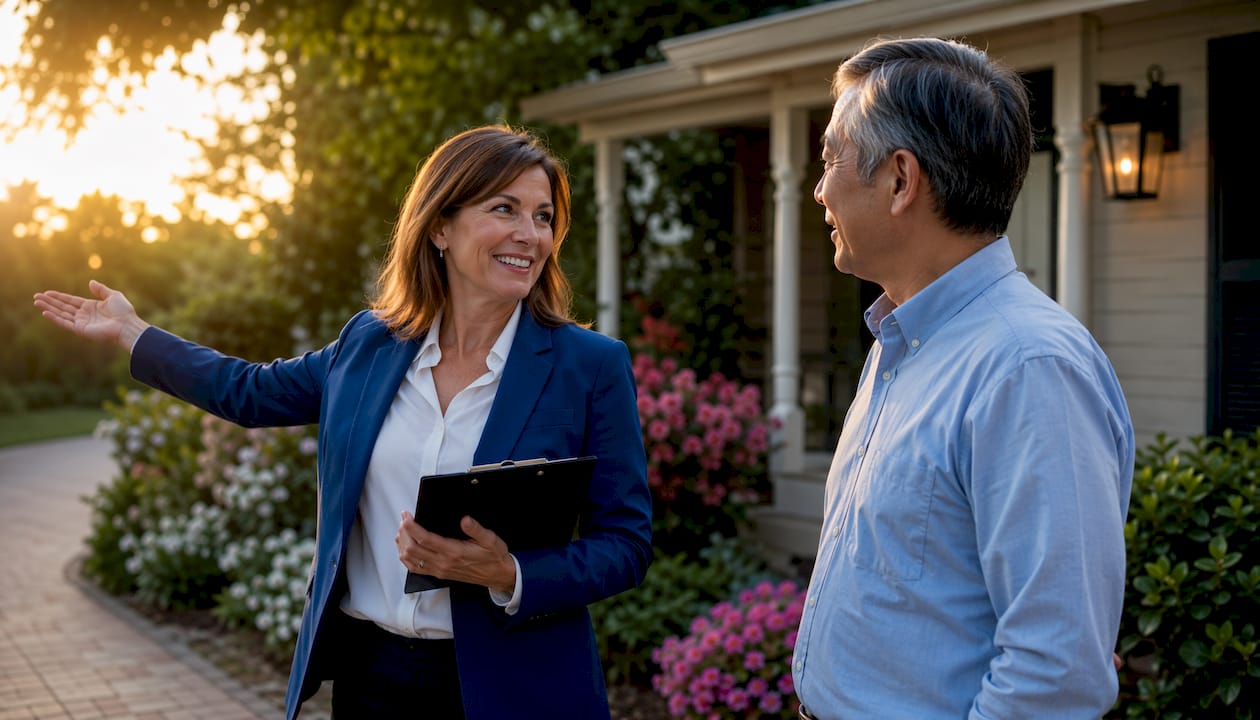 Real estate agent discussing home sale with seller outdoors