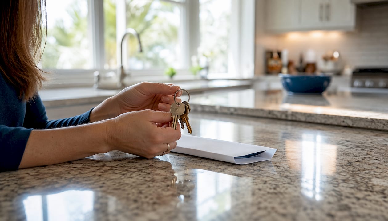 Hands holding house keys on kitchen countertop