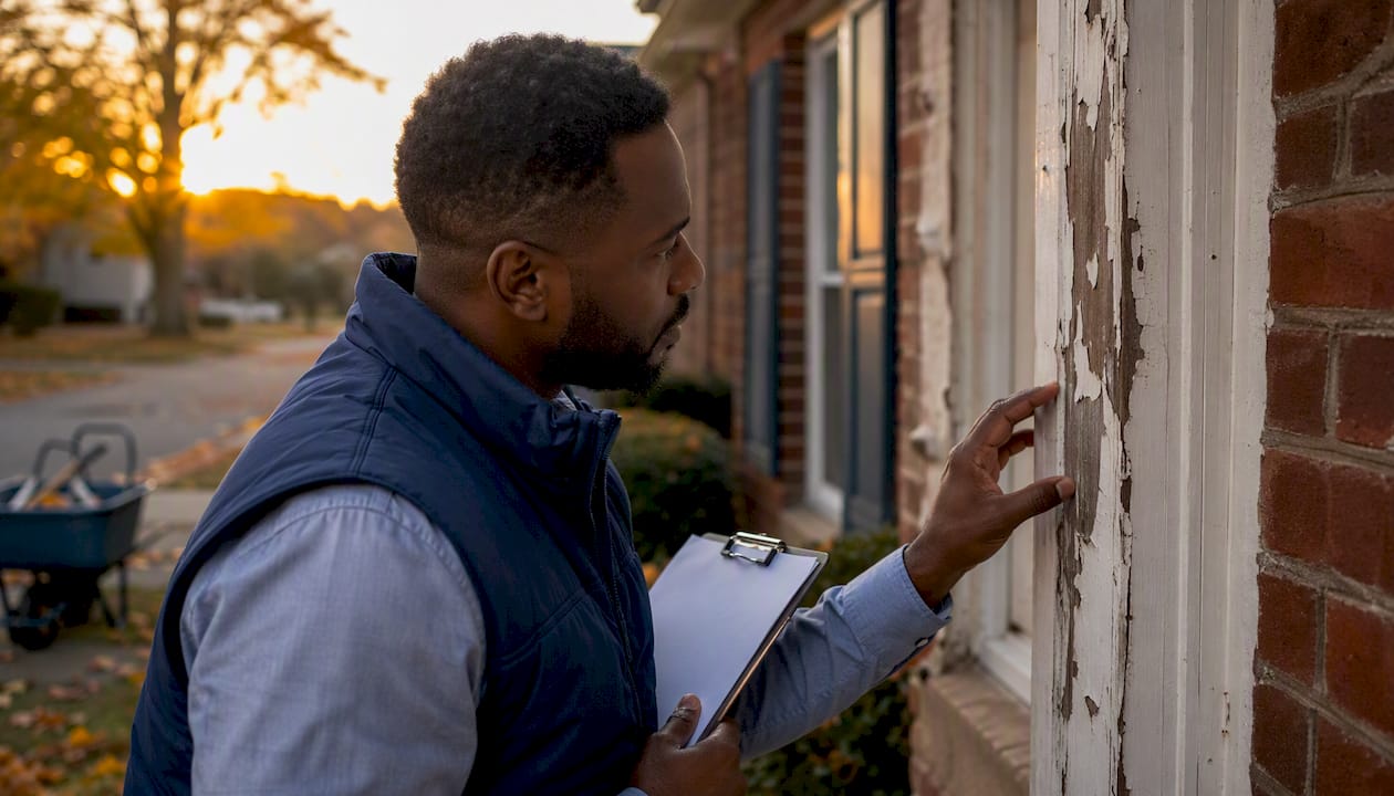 Home inspector examining house exterior