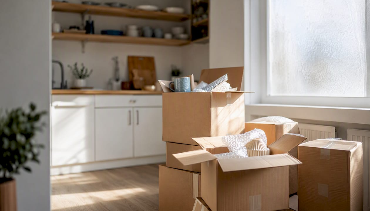 Moving boxes bathed in morning light indoors