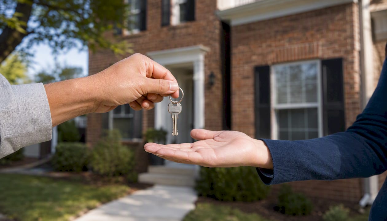 Hands exchanging house keys outdoors
