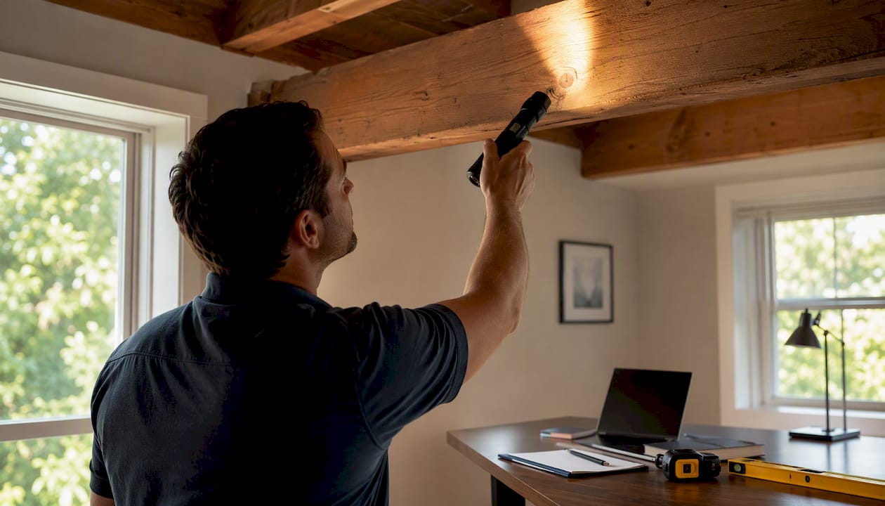 Inspector examining home structural element