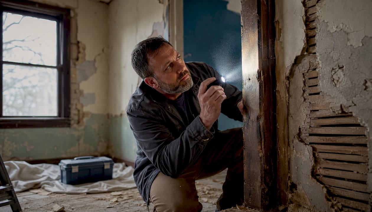 Contractor inspecting house interior for repairs