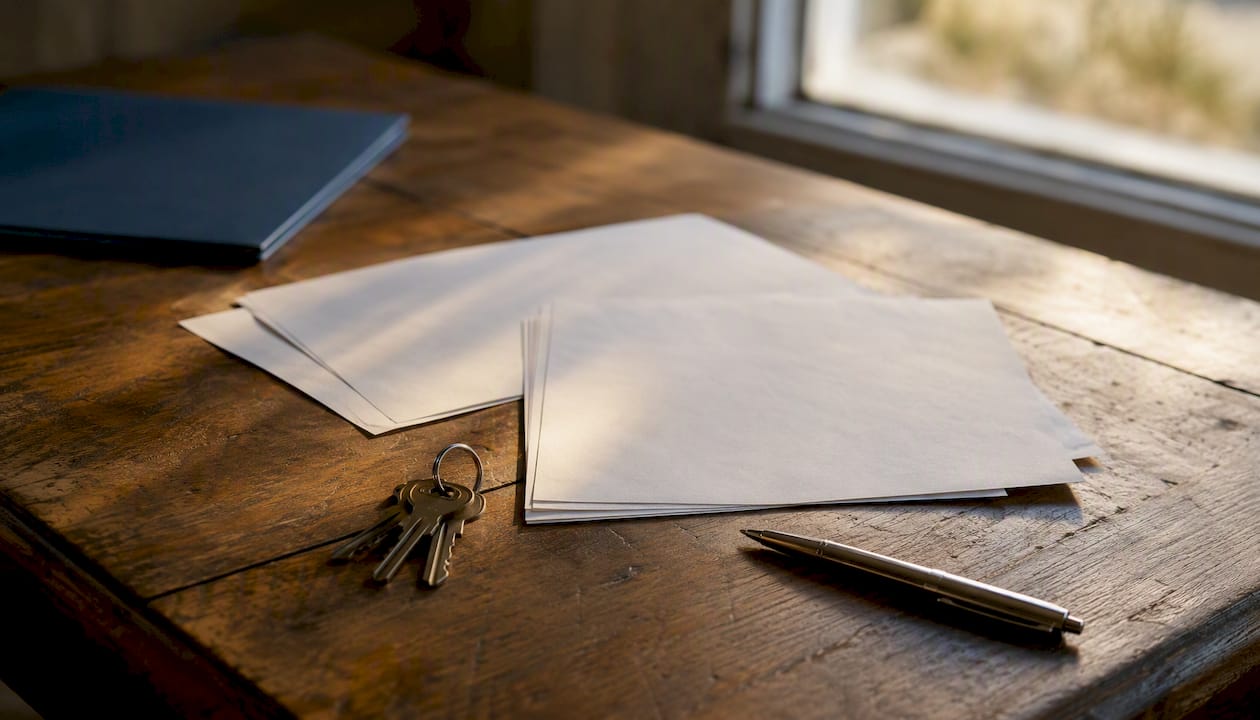Keys and blank papers on wooden table