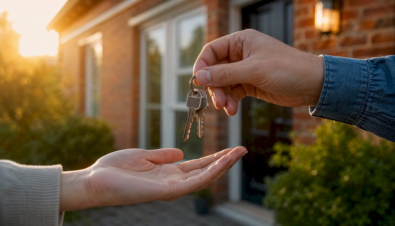 Hands holding house keys outside residential home