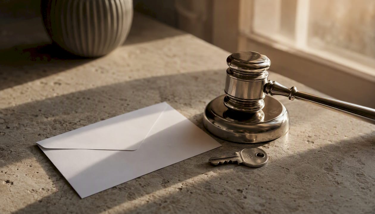 Auction gavel and house keys on table