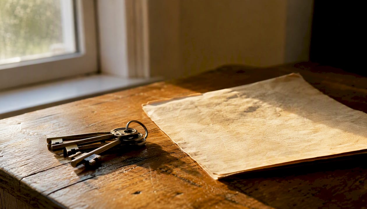 House keys beside an old document on wood