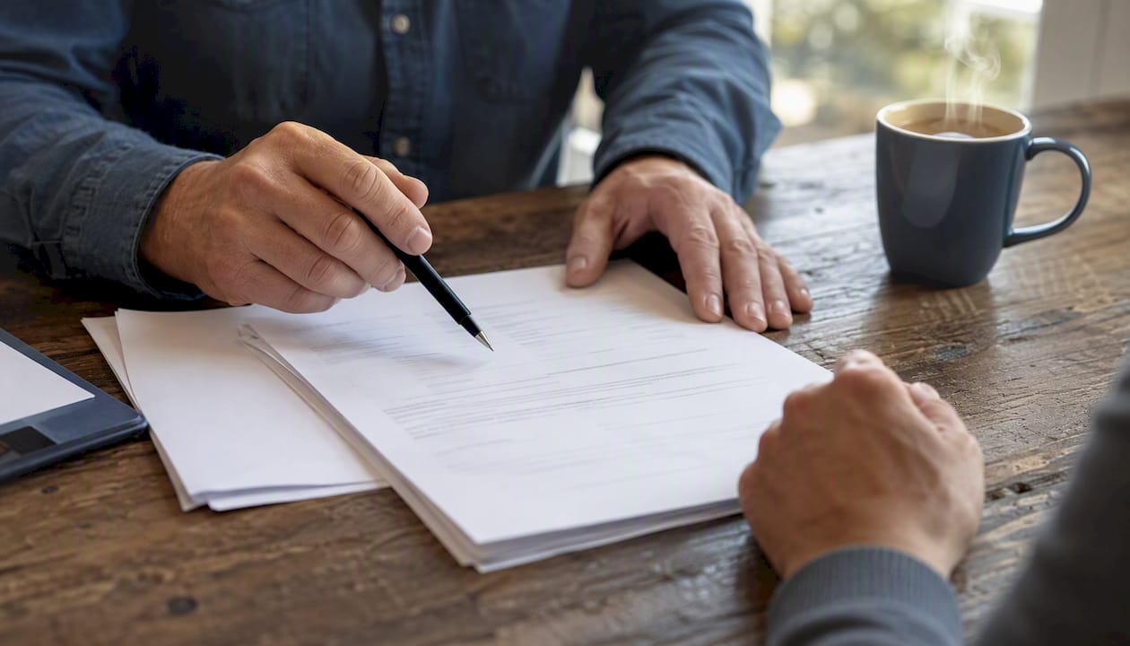Hands pointing at repair estimate documents