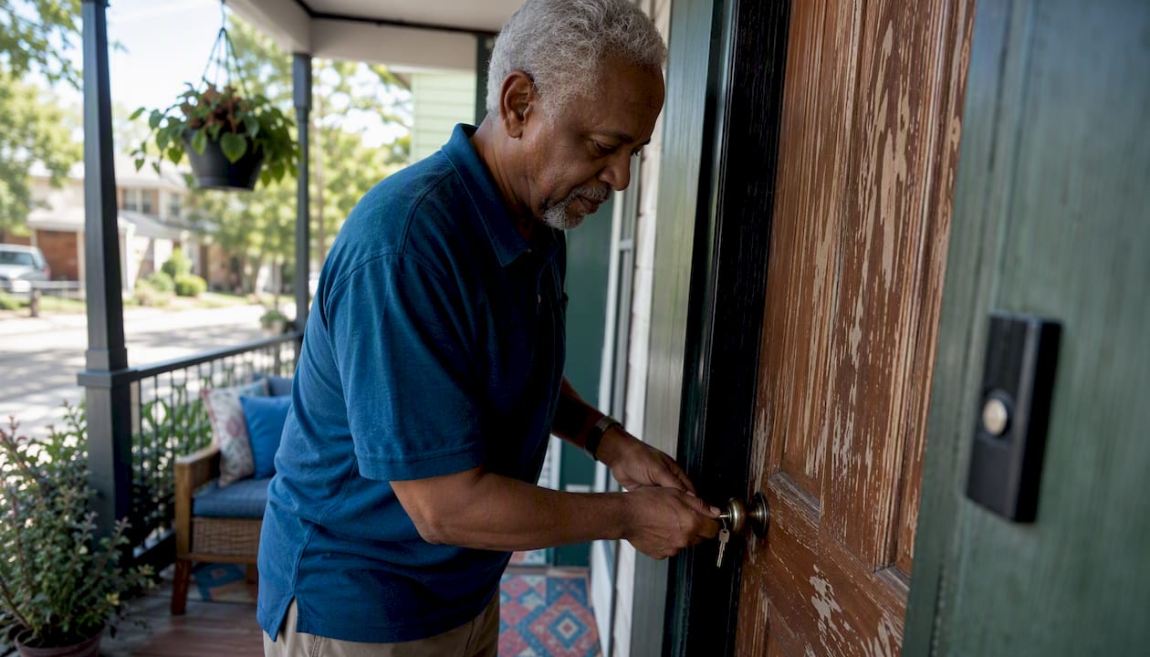 Senior unlocking home front door