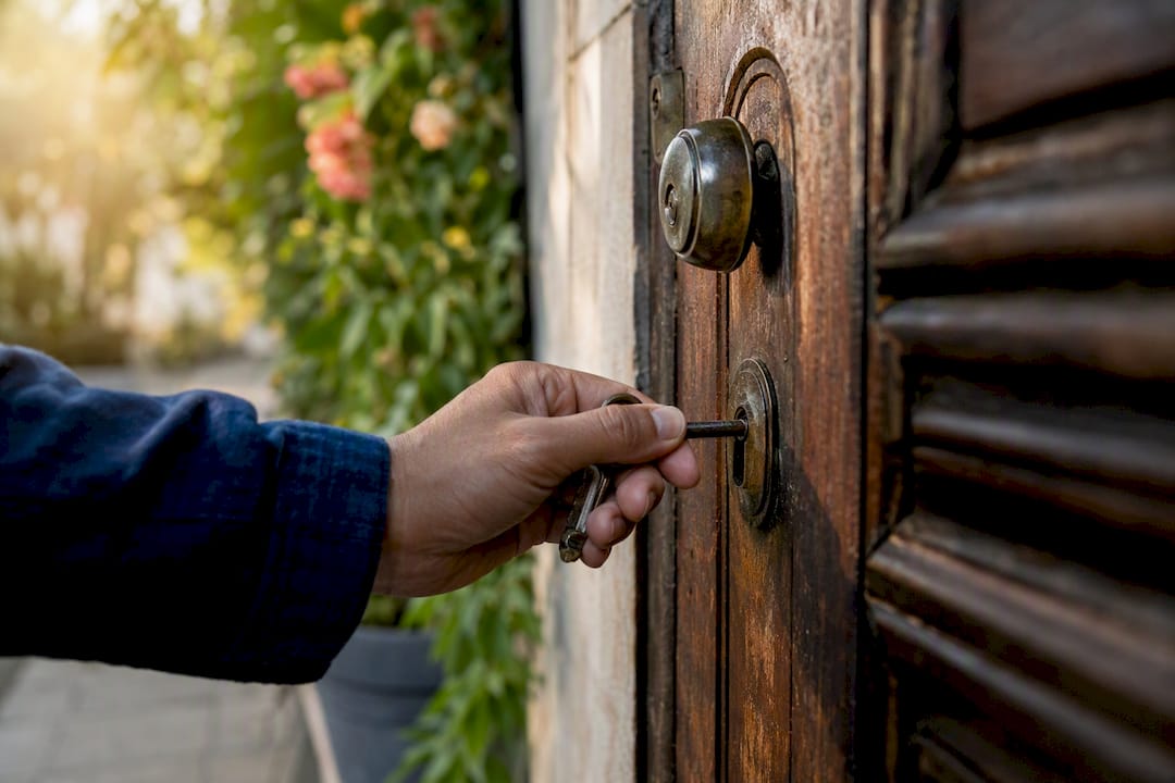 Hand turning home door key in lock