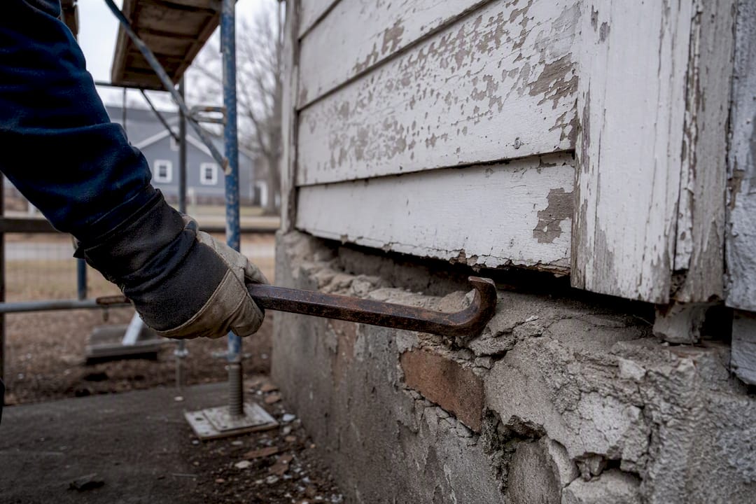 Hand holding tools near house needing repairs