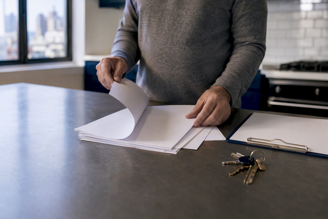 Hand organizing home sale papers on wooden table