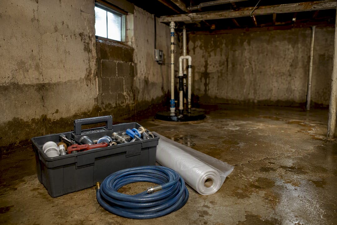 Basement floor with plumbing tools and damage