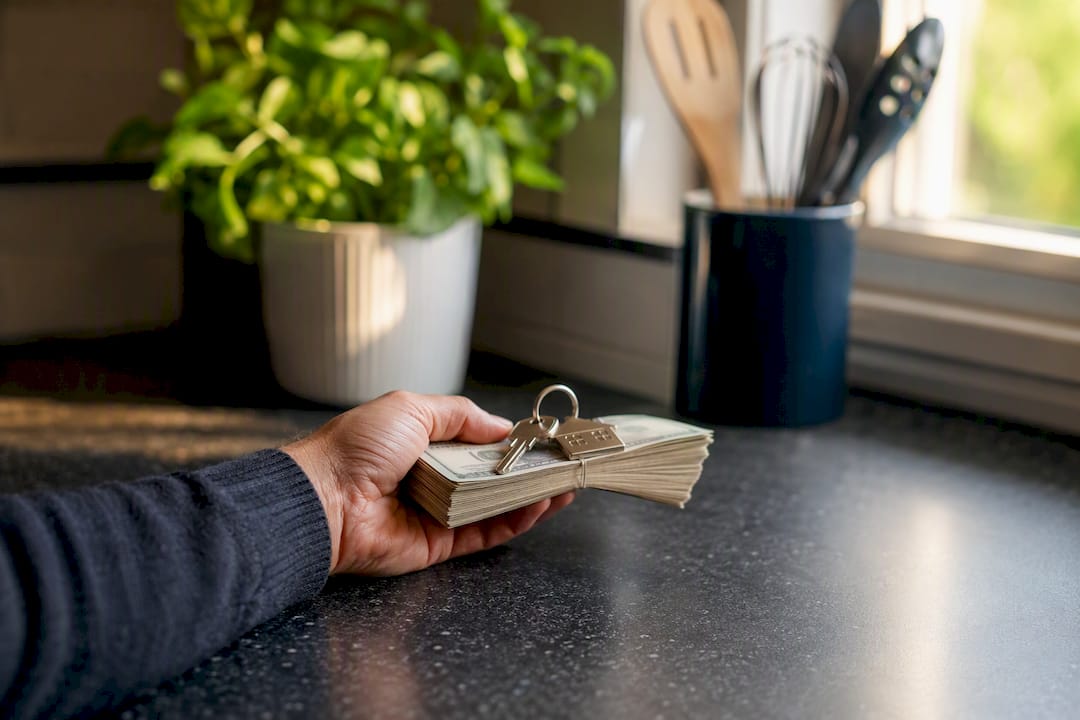 Hand holding cash and house keys