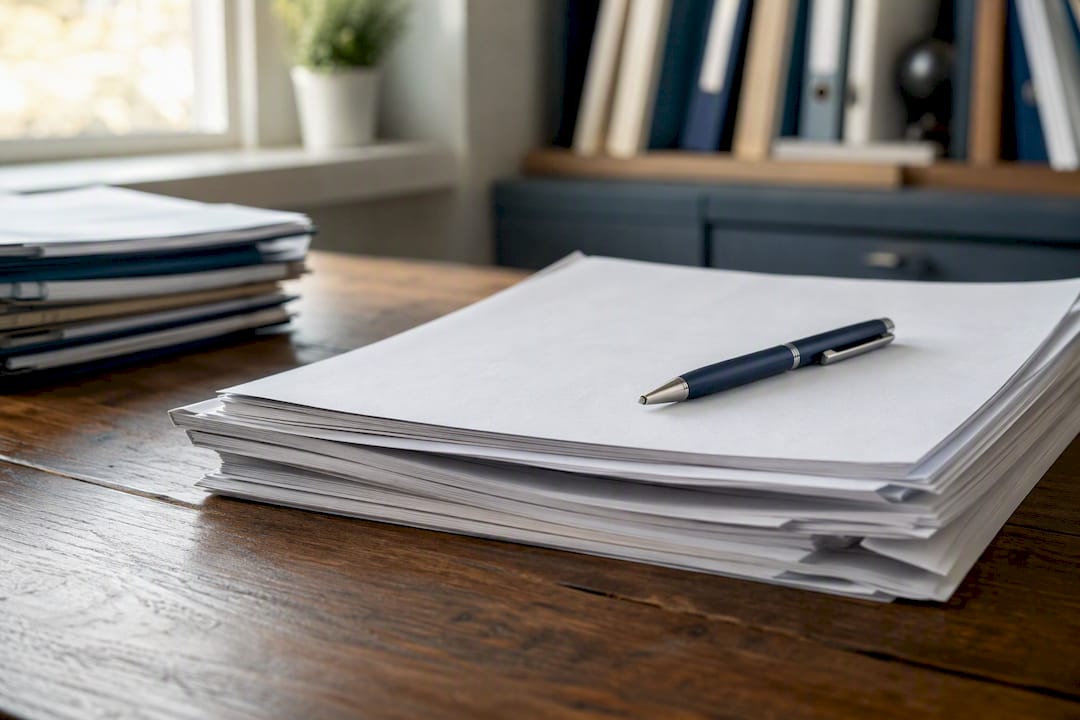 Title search documents and pen on table