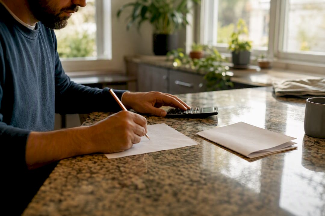 Hands calculating mortgage payoff on table