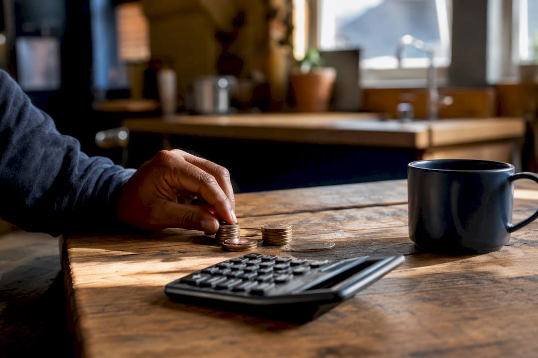 Hands with calculator and calendar on kitchen table