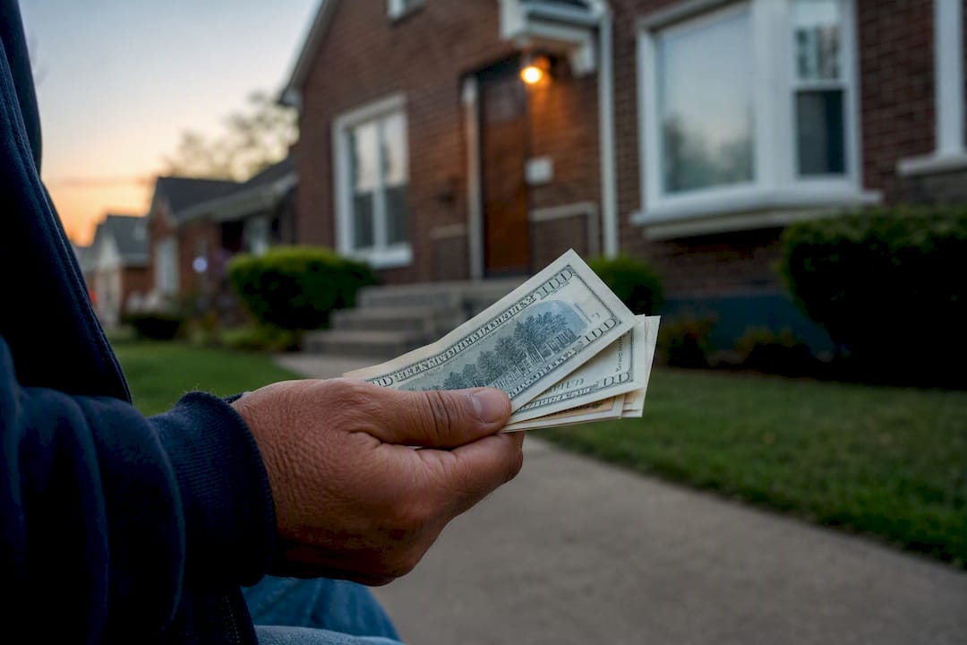 Hand holding cash with house background