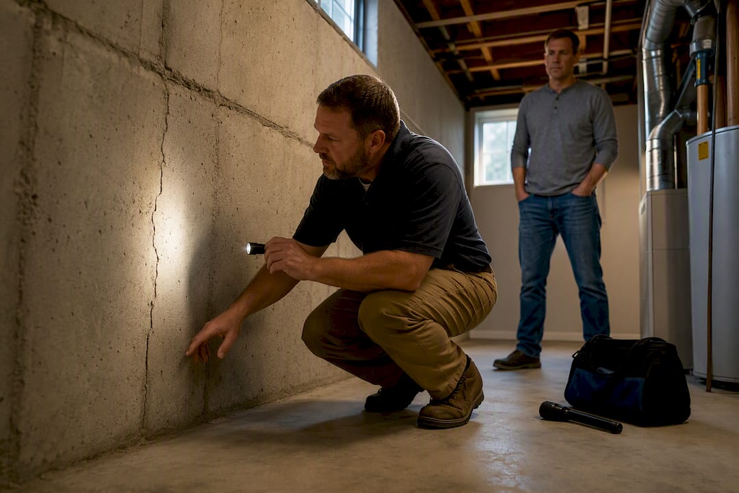 Inspector examining a basement foundation crack