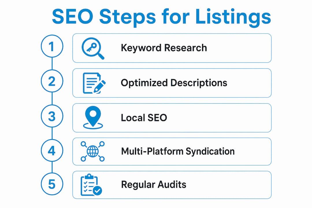 Infographic illustrating five key SEO steps for real estate listings