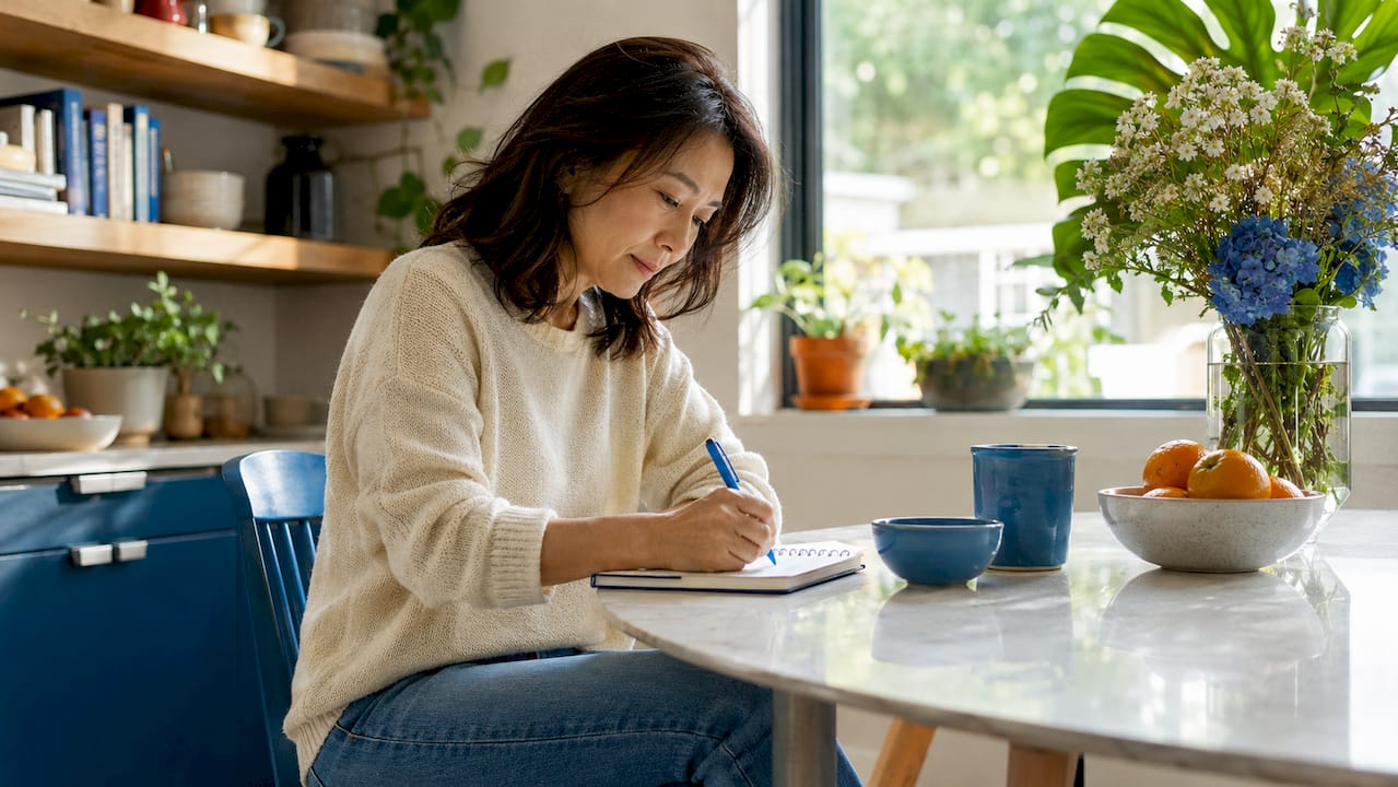 SEO specialist taking notes at home desk