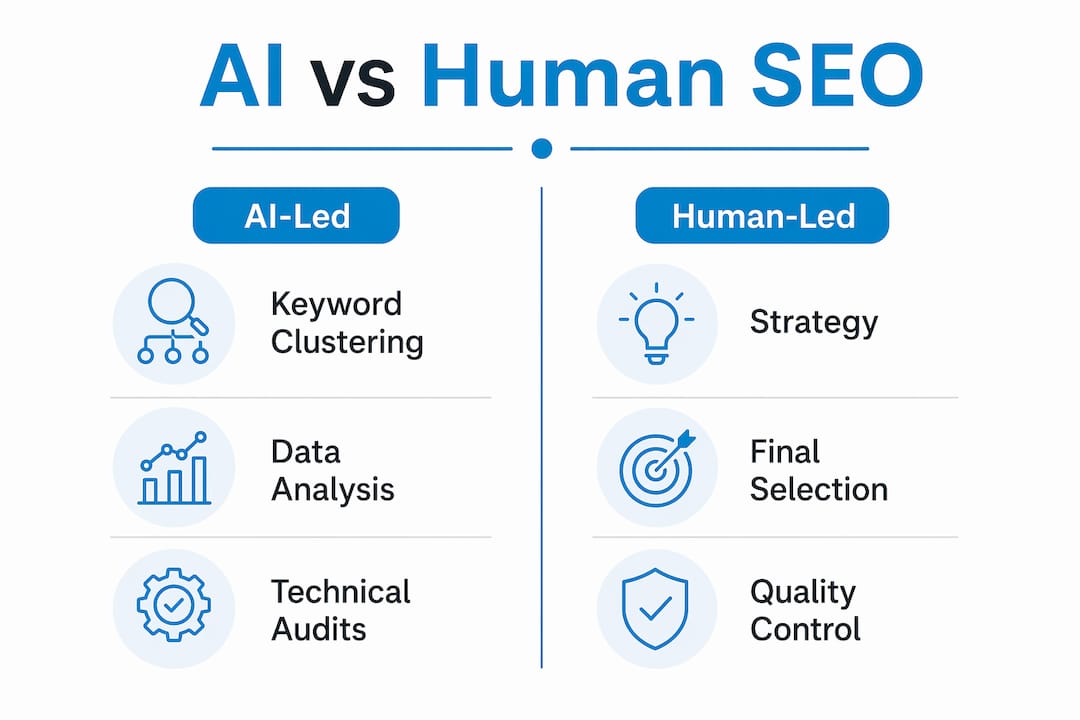 Infographic comparing AI-led and human-led SEO tasks