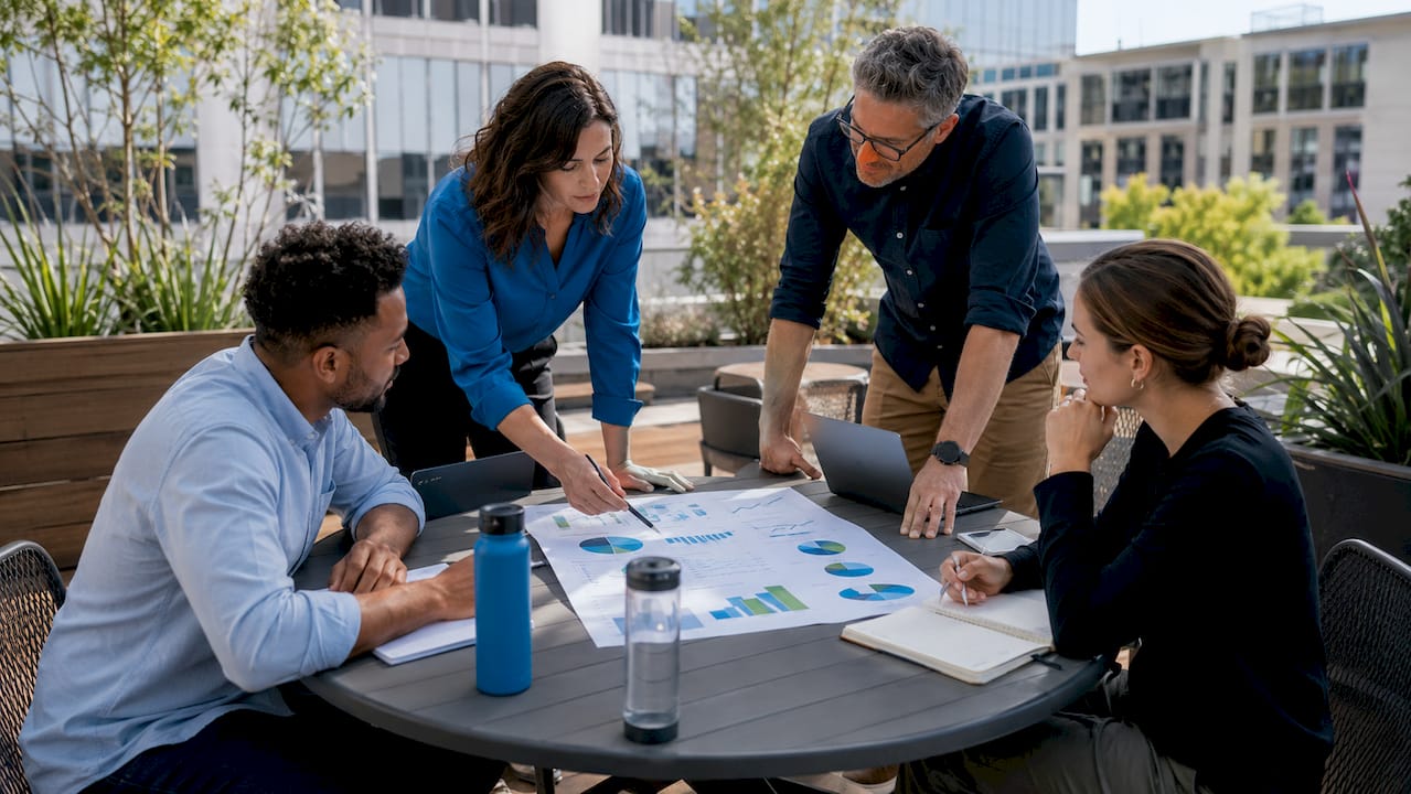 Team discussing site search business impact reports
