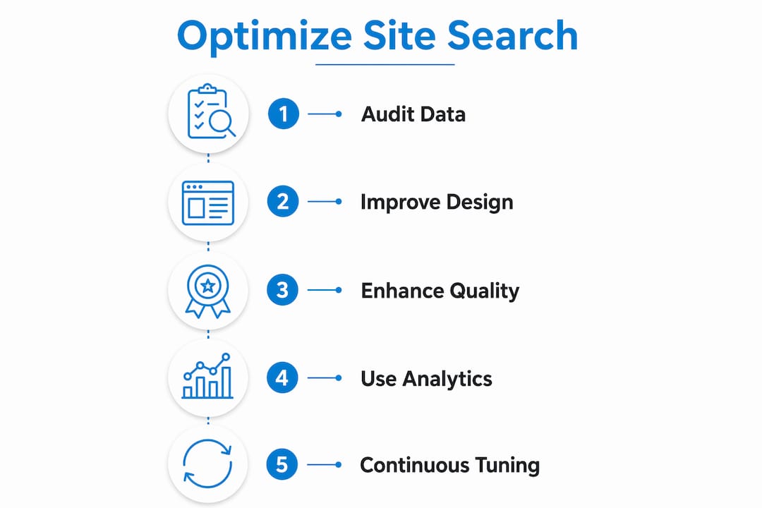 Infographic showing five key steps of site search optimization