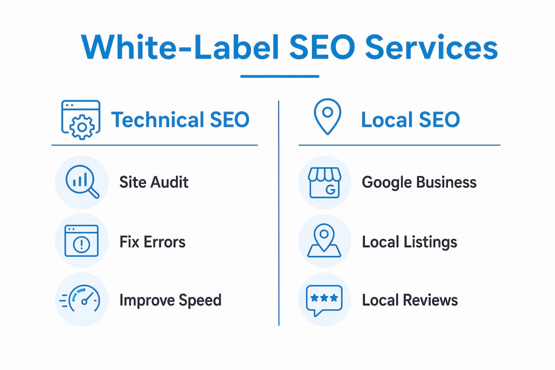 Infographic comparing white-label technical SEO and local SEO service types