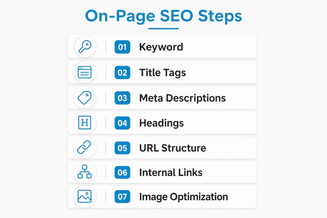 Infographic showing core on-page SEO elements in a vertical flow