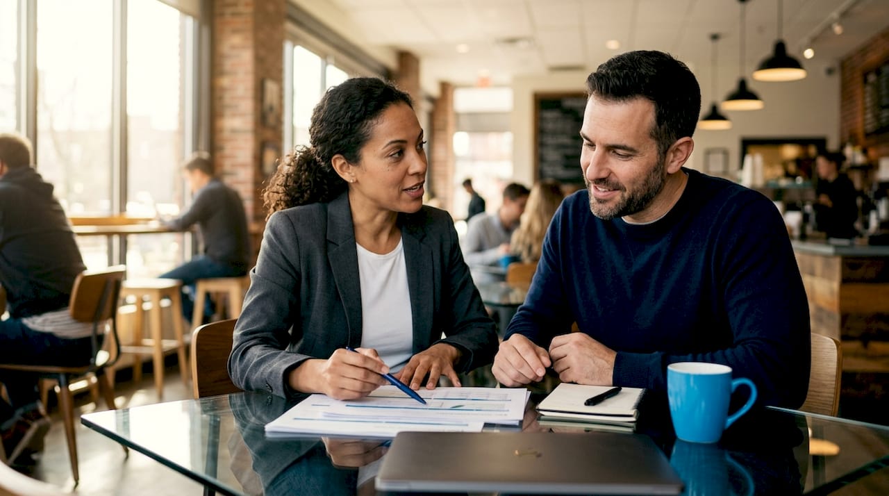 Partners reviewing SEO reports at home office table