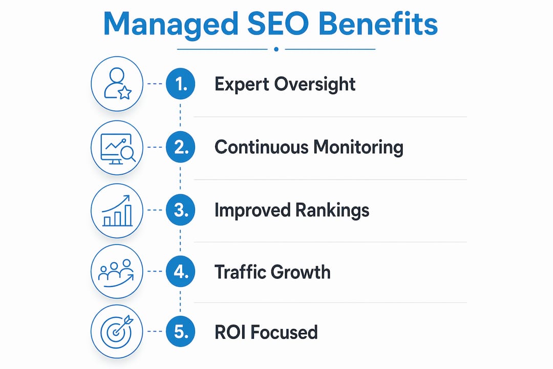 Infographic illustrating key benefits of managed SEO services