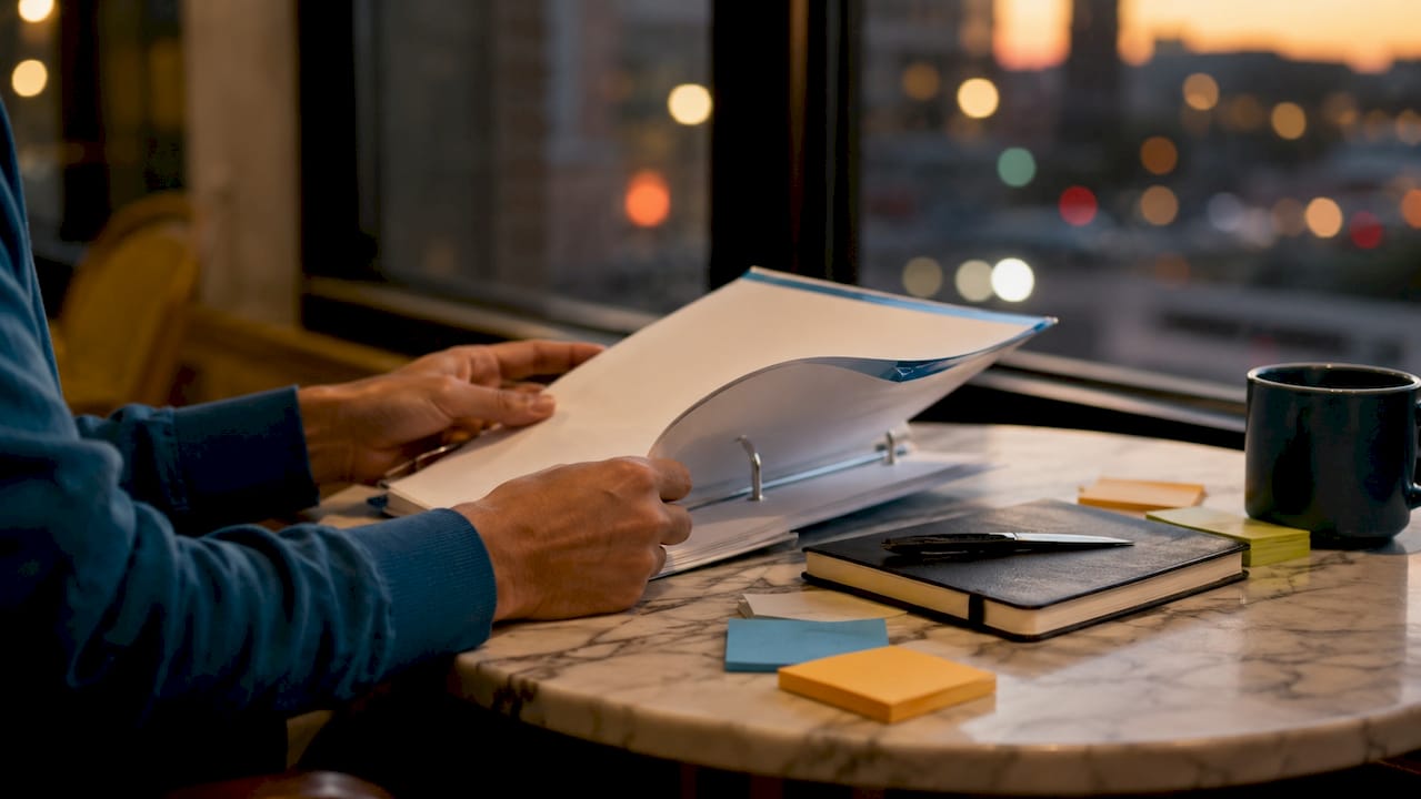 Close-up of hands flipping SOP binder in meeting room