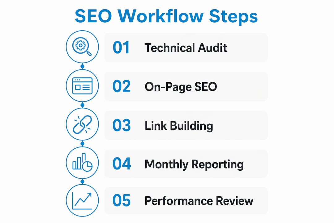 Vertical flow infographic illustrating SEO workflow steps