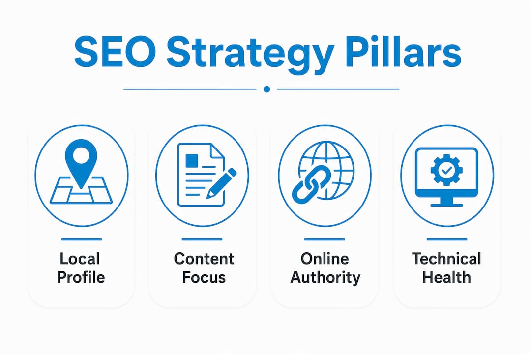 Infographic depicting four key SEO strategy pillars