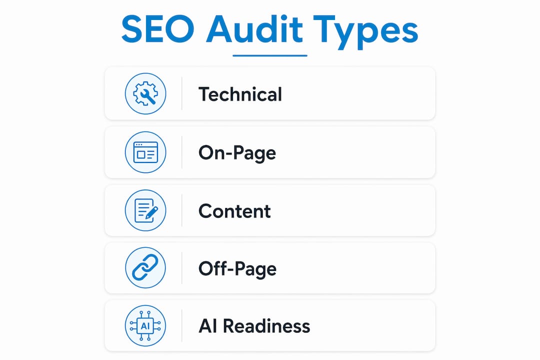 Infographic illustrating five types of SEO audits
