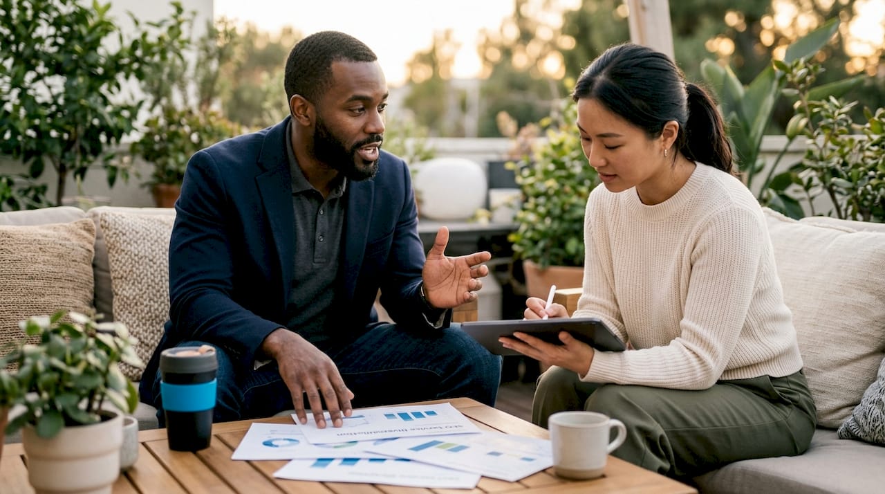 Two strategists discussing SEO services