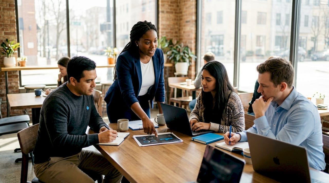 Diverse SEO team collaborating in meeting room