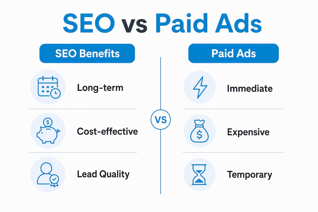 Infographic comparing SEO benefits and paid ads