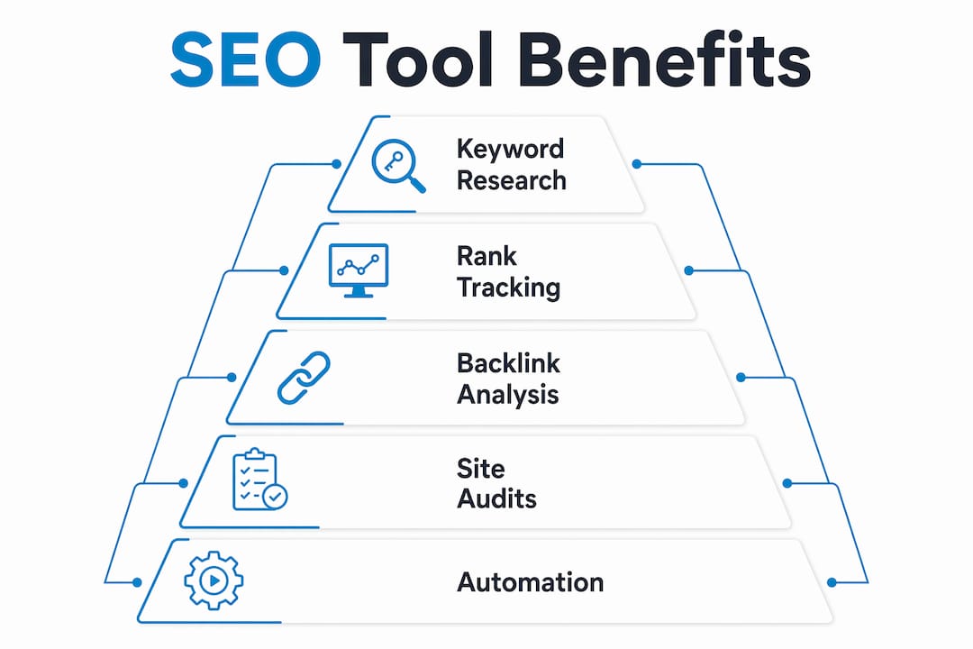 Infographic showing hierarchy of third-party SEO tool benefits
