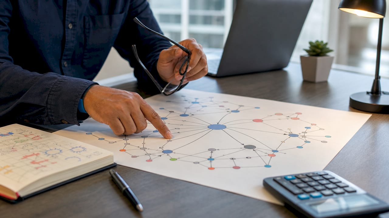 Hands analyzing backlink graph and PageRank chart