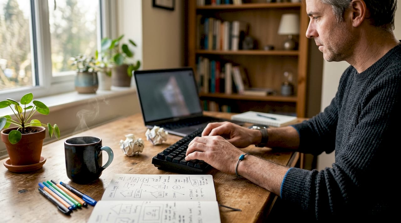 Hands typing beside notes on informational keywords