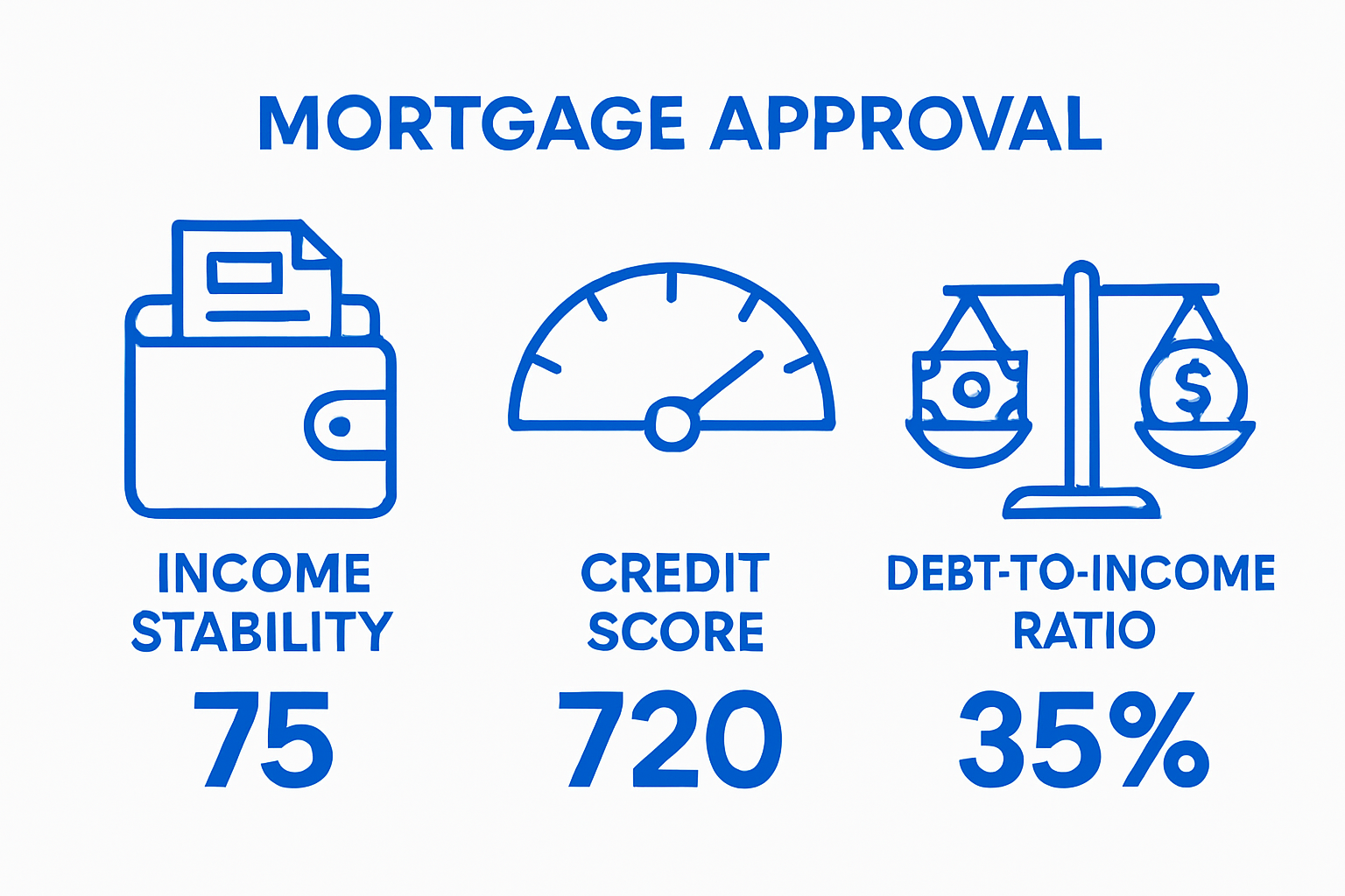 Infographic comparing income, credit score, and debt ratio in mortgage approval