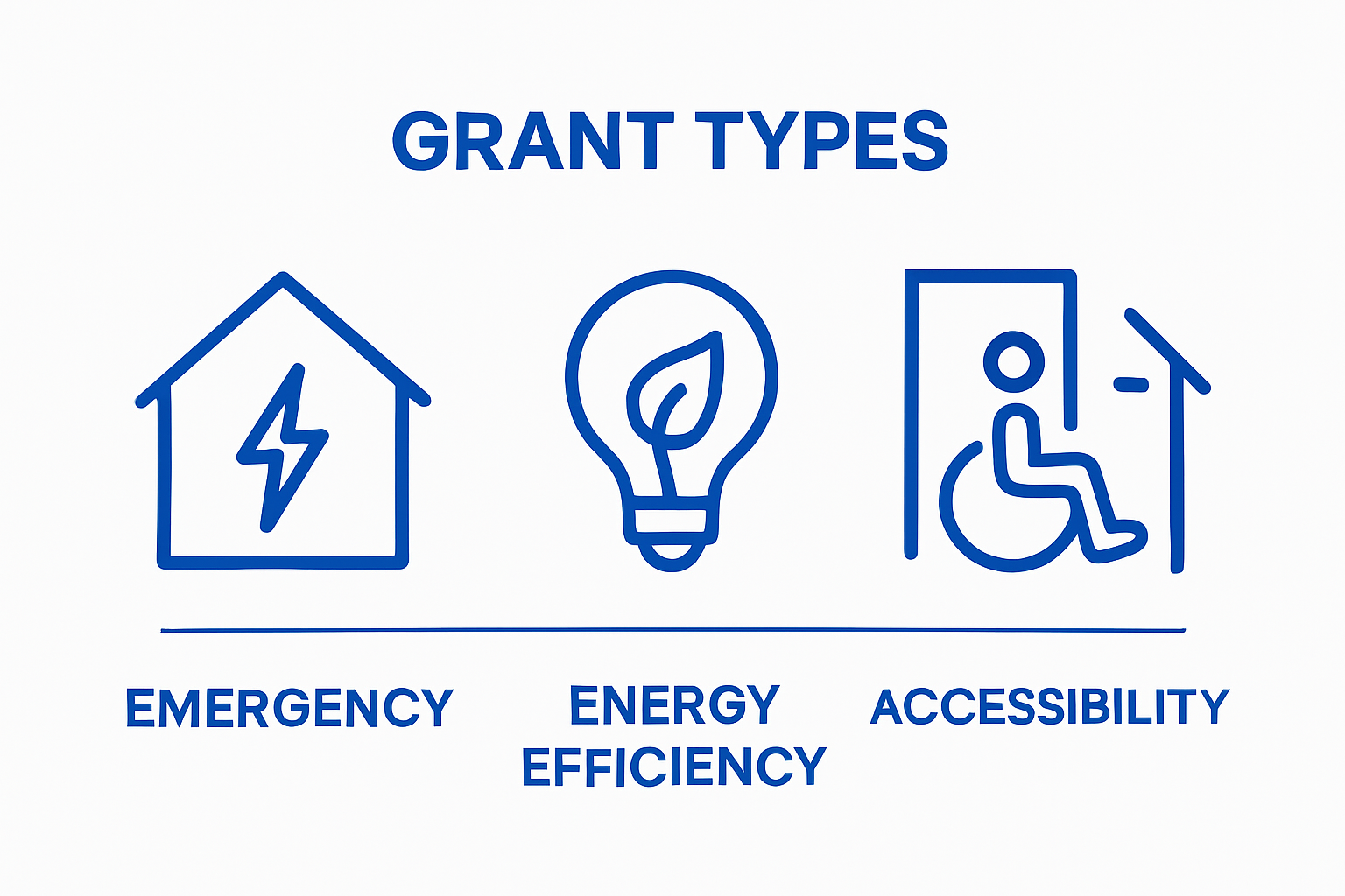 Infographic showing emergency, energy efficiency, and accessibility grant types.