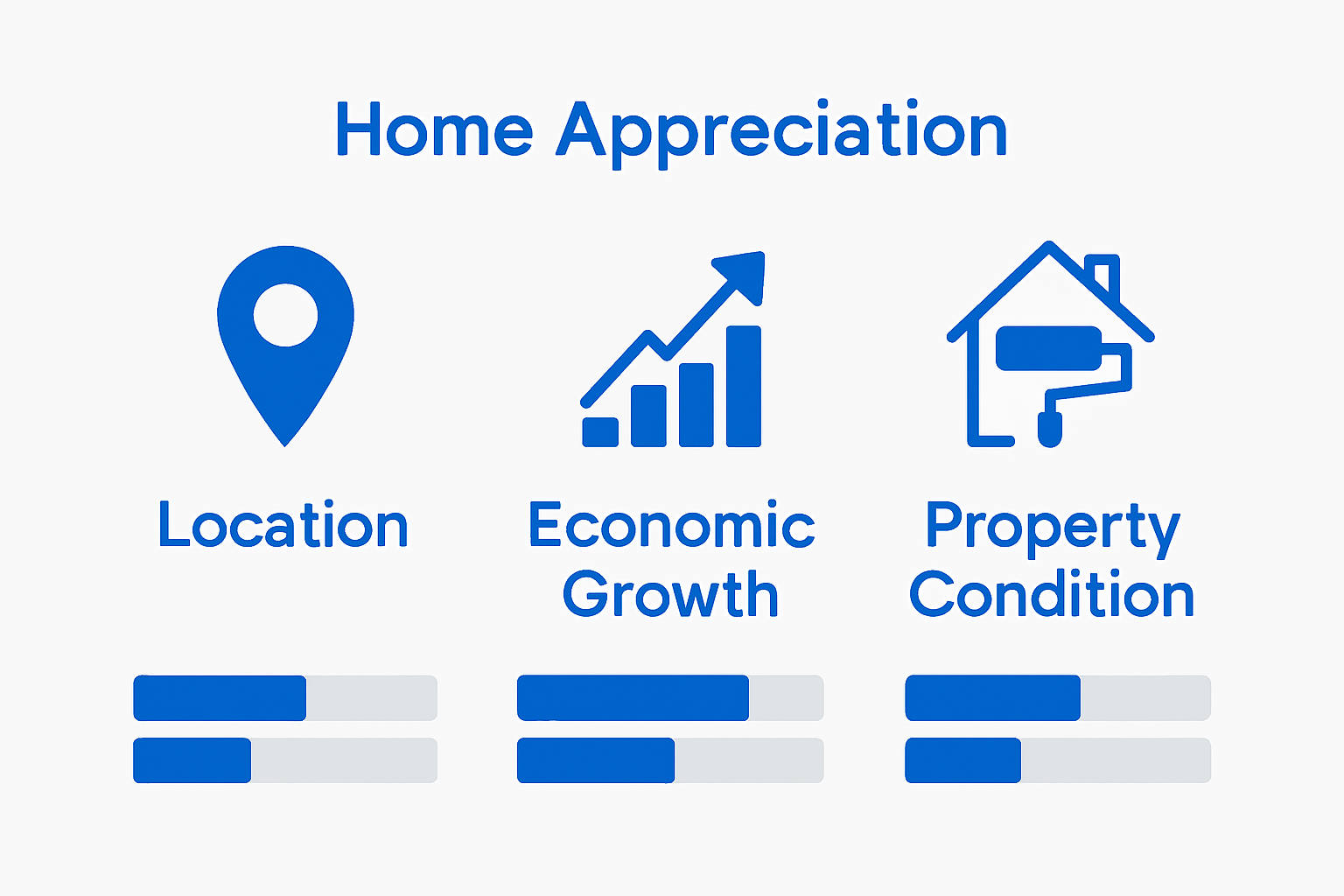 Three visual icons illustrating location, economy, and home condition as key appreciation drivers