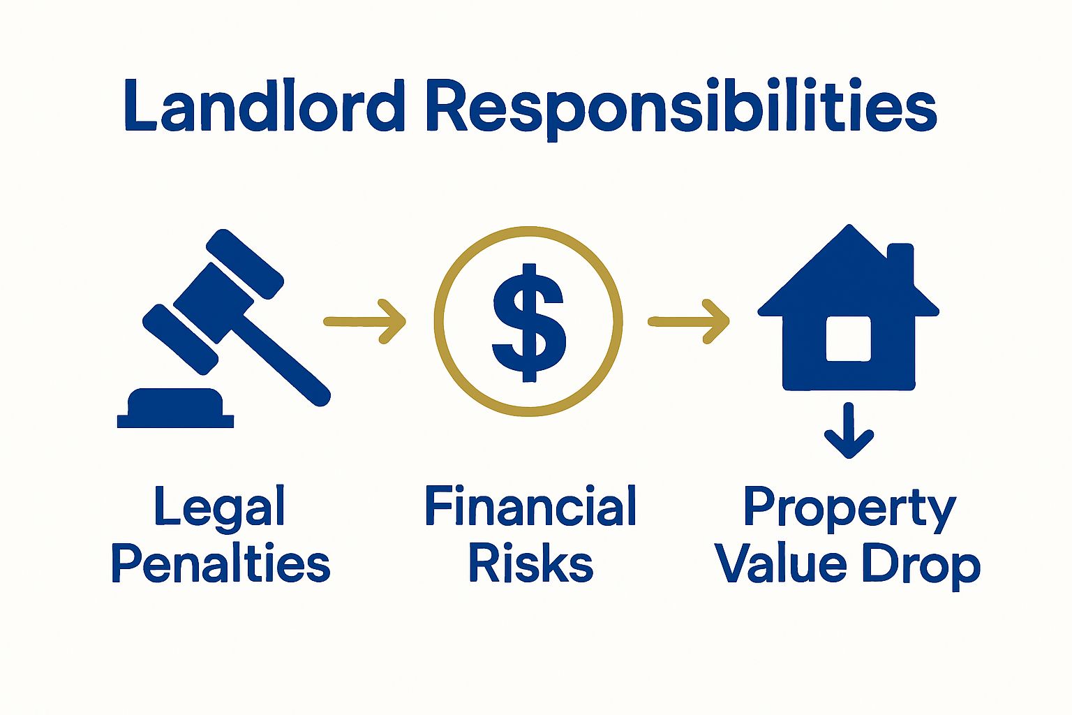 Three icons summarize Michigan landlord risks: legal, financial, property value.