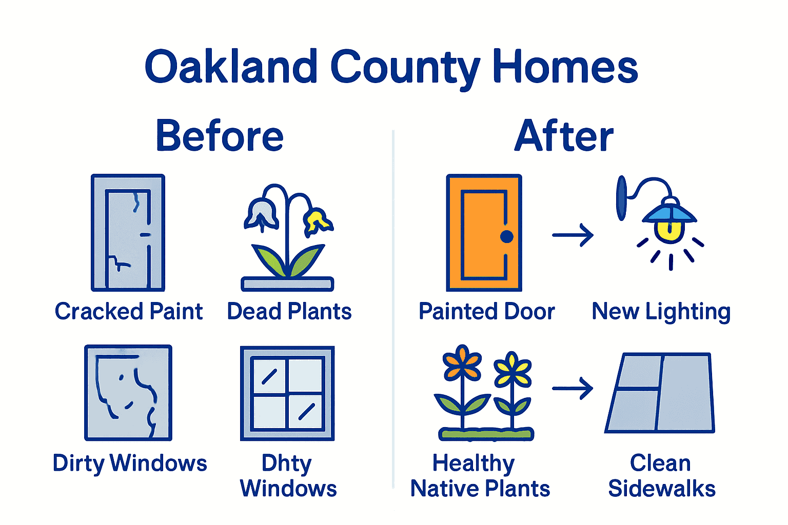 Infographic comparing before and after curb appeal upgrades for Oakland County homes.