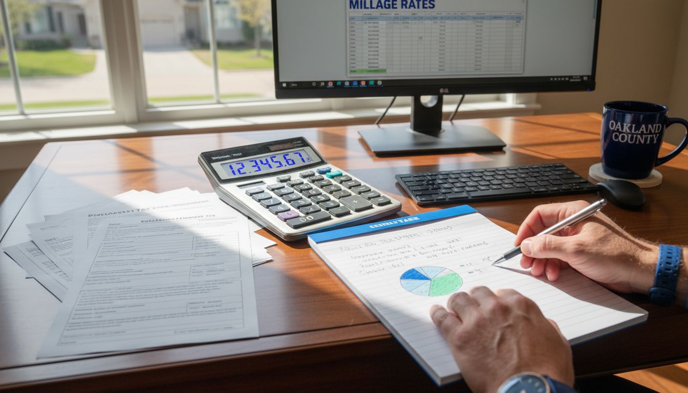 Desk with property tax documents and calculator