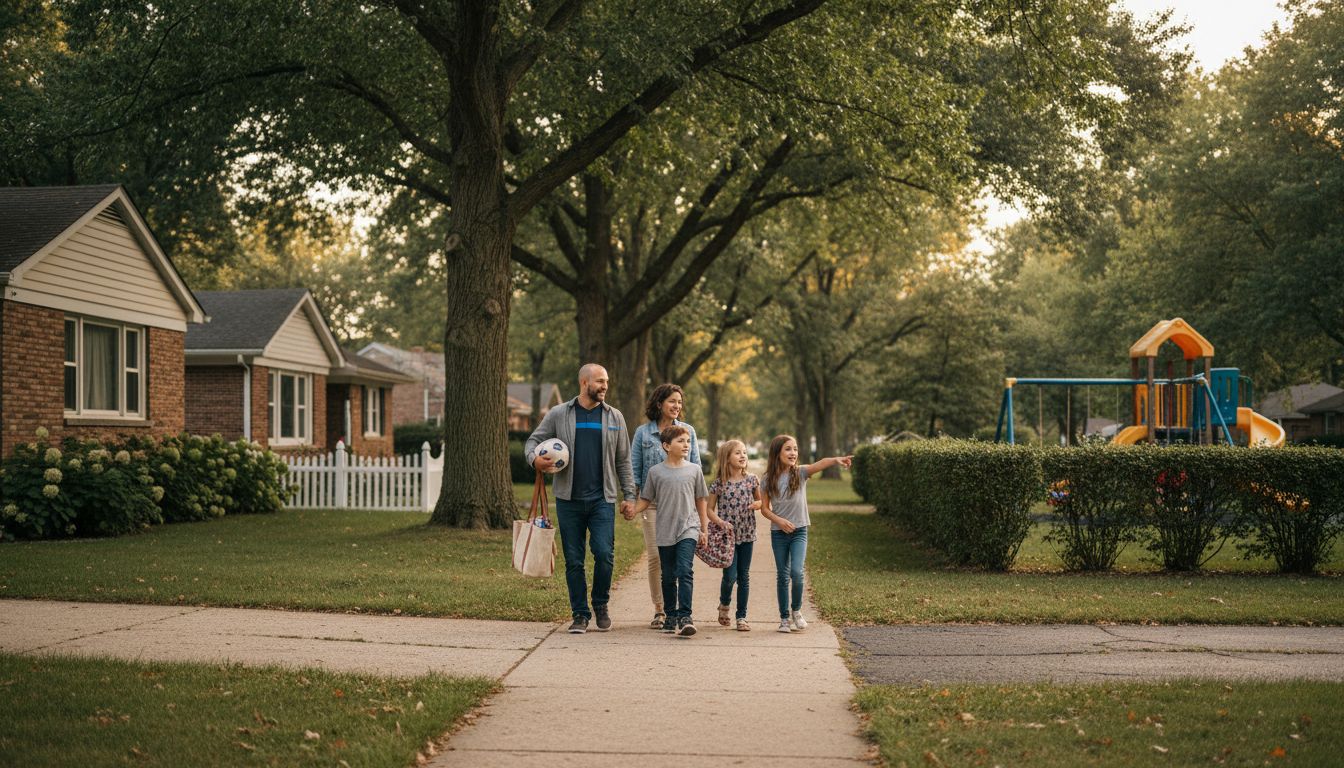 Family walking in Oakland County neighborhood