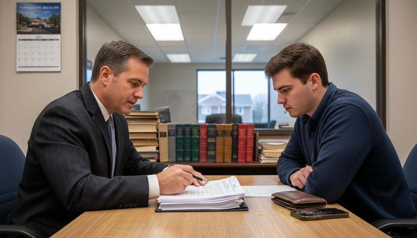 Homebuyer and lawyer reviewing land contract